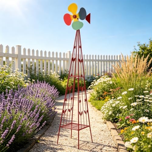 6.2ft Metal Garden Windmill for Yard - Garden Decor Wind Spinners Outdoor, Large Colorful Whirligig Spinners Wind Sculpture Weather-Resistant for Patio Farm Coastal Areas Red by NAICKUC