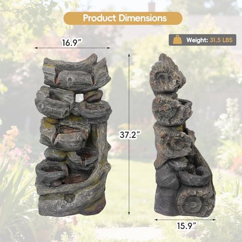 7-Tier Cascading Outdoor Water Fountains with LED Lights, 37.2" H Large Outdoor Waterfalls with Moss & Wood-Look for Garden, Patio, Yard Decor - Image 5