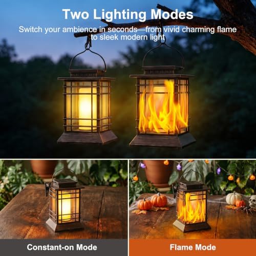 Brightever 4 Packs Solar Lanterns Outdoor Waterproof, Upgraded Flickering Flame Solar Lantern Lights with Handle, Auto On/Off Hanging & Standing Lantern for Yard Garden Table Decor, Bronze - Image 3