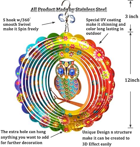 FONMY Wind Spinner Mandala Owl 12 inch 3D Stainless Steel Laser Cut Metal Art Geometric Pattern Hanging Wind Spinner, Kinetic Yard Art Decorations - Indoor/Outdoor Décor - Image 5