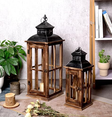 Large Farmhouse Decorative Wooden Lanterns Set of 2, Rustic Burnt Wood Floor Lanterns, Indoor/Outdoor Hurricane Lanterns for Home Decor (No Glass) - Image 3