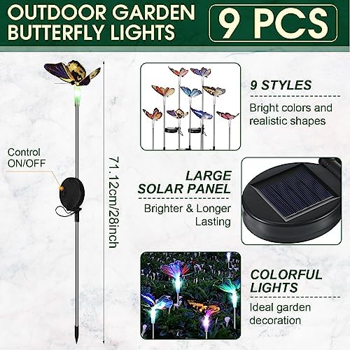Retisee 9 Pcs Solar Butterfly Garden Stake Lights LED Solar Butterfly Lights Waterproof Color Changing Outdoor Lights Decoration for Garden Patio Yard Lawn Pathway, 5 x 28 Inch - Image 2