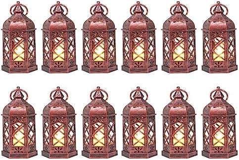 12PCS Mini Lantern with Flicker LED Candle for Halloween Decorations, Small Lanterns Decorative, Vintage Hanging Moroccan Lantern for Wedding Halloween Christmas Decor, Table Centerpiece, Rose Gold by LLQ-LuckLifeQuality