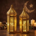 Set of 2 Ramadan Lanterns Eid Decorations 16" 14" LED Large Candle Lantern Vintage Gold Metal Moroccan Lanterns with Lights Ramadan Decor for Table, Wall, Patio, Porch, Indoor Outdoor Home by Kittmip