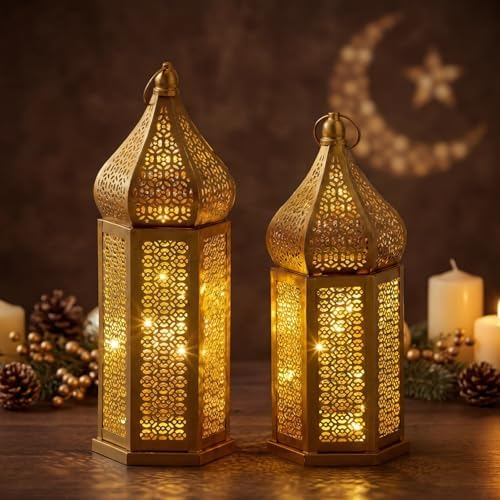 Set of 2 Ramadan Lanterns Eid Decorations 16" 14" LED Large Candle Lantern Vintage Gold Metal Moroccan Lanterns with Lights Ramadan Decor for Table, Wall, Patio, Porch, Indoor Outdoor Home by Kittmip
