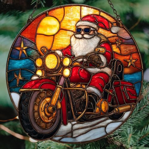 Cool Retro Santa Riding Motorcycle Mosaic Acrylic Suncatcher - Image 4