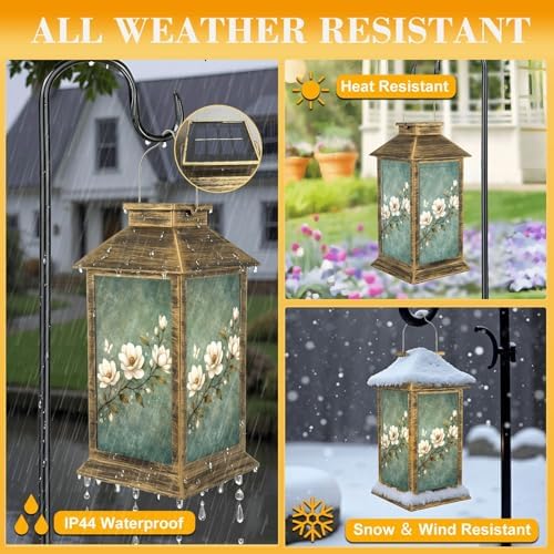 Solar Lantern Outdoor Waterproof Vintage Green Blue Leaf White Magnolia Floral Forest Flowers Branches Garden Decor LED Solar Lights Hanging/Tabletop Lamp Gifts for Women Mom for Outside Yard Patio - Image 3
