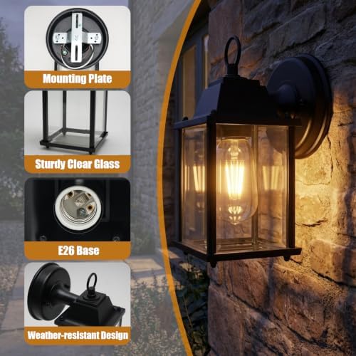 Outdoor Wall Lantern, Waterproof Wall Sconce Porch Lighting Fixture Mount Light with Clear Glass, Aluminum for Front Door, Patio and Porch, Black 2 Pack - Image 4