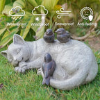 Sleeping Cat Garden Statues Outdoor - 12" Sparrows On Cat Figurine Memorial Statue Grave Markers Garden Resin Statues for Outdoor Decor Outdoor Statue Resin 12" x 8" x 4.5" - Image 6