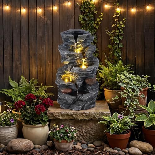 Giantex 5-Tier Water Fountain Outdoor, 18 Inch Cascading Stacked Stone Waterfall Fountain with Lights & Pump, Outside Zen Water Feature for Patio, Balcony, Deck, Garden, Yard Decor - Image 2