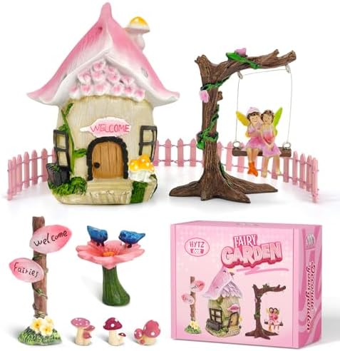 DONABELA Fairy Garden Decor Kit Pink Resin Miniature House Figurines Set Swing Directional Sign Bird Drinking Pool Fence Little Mushroom Outdoor Tiny Accessories Supplies by DONABELA