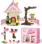 DONABELA Fairy Garden Decor Kit Pink Resin Miniature House Figurines Set Swing Directional Sign Bird Drinking Pool Fence Little Mushroom Outdoor Tiny Accessories Supplies by DONABELA