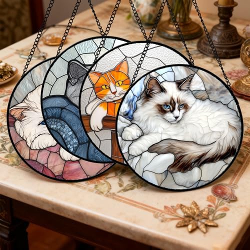 Stained Glass Window Hanging 4 Pcs Set Cute Cat 7.8" - Suncatcher Door Garden Sun Catcher Decor Birthday Mother's Day Christmas Comfort Gifts for Lost Pet Woman Nana Mom Men Friend - Image 2