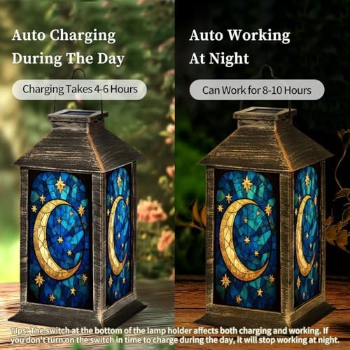 Solar Lantern Moon Stars Stained Glass Window Shades Blue Gold Outdoor Waterproof Garden Hanging Lantern Solar Powered Lighting Outside Table Lamp for Patio Deck Camping 1 Pack - Image 3