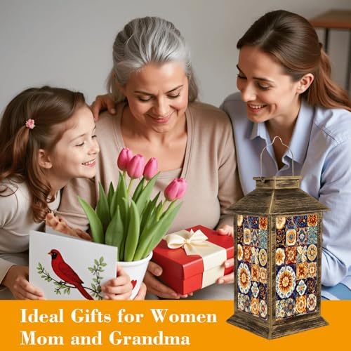 Solar Lantern Outdoor Waterproof Mexican Talavera Ceramic Tiles Spanish Maiolica Colorful Decorative Garden Decor LED Hanging Solar Lights Tabletop Lamp Gifts for Women Mom Outside Yard Patio Porch - Image 4