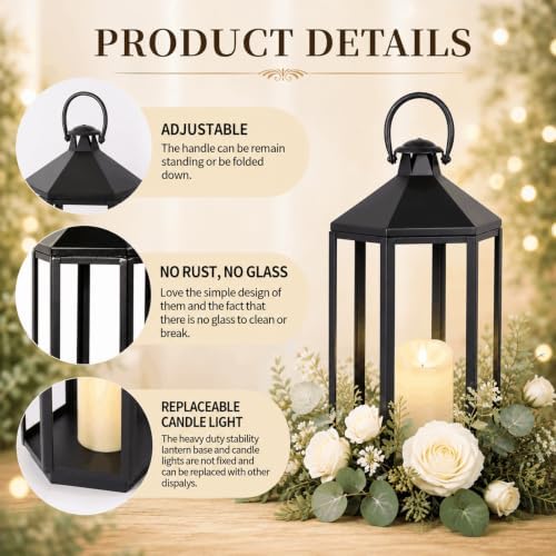 Black Decorative Metal Lanterns Indoor Outdoor, 19" 17" Tall - Image 4