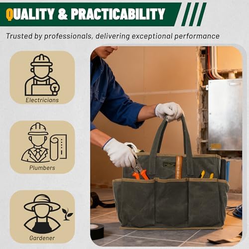Tool Tote Bag, Heavy Duty 16oz Waxed Canvas Garden Tool Bag | Portable 11-Pocket Tool Storage Bag for Gardener Electrician Contractor Repairman (14"L x 5.5"W x 10.5"H) – Army Green - Image 6
