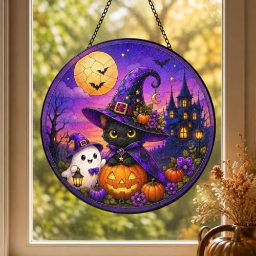 Halloween Window Hanging Suncatcher, Black Witch Cat Pumpkin Stained Glass Art Jack‑O‑Lantern, Spooky Cute Gothic Witchy Home Wall Ornament Fall Sun Catcher for Cat 11.81" - Image 3
