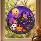 Halloween Window Hanging Suncatcher, Black Witch Cat Pumpkin Stained Glass Art Jack‑O‑Lantern, Spooky Cute Gothic Witchy Home Wall Ornament Fall Sun Catcher for Cat 11.81" - Image 3