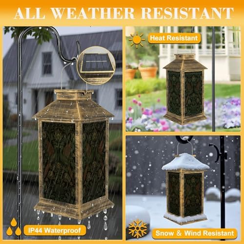 Solar Lantern Outdoor Garden Hanging Lantern Vintage Botanical Green Birds Floral Foliage Dark Waterproof Solar Powered Lighting Outside Table Lamp for Patio Deck Yard Camping - Image 3