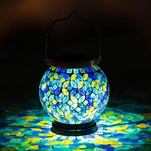 VOREEN Mosaic Solar Lanterns, Handmade Outdoor Glass Hanging Light, Waterproof Solar Table Lamp, Gift for Mom Wife Friend, Decor for Garden, Patio, Yard, Balcony, Green & Yellow, Leaves Pattern by VOREEN