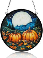Moonlit Pumpkin Stained Glass Suncatcher – Handmade Jack-o’-Lantern Halloween Window Hanging, Spooky Autumn Home Decor, Pumpkin Lovers Gift by Unknown