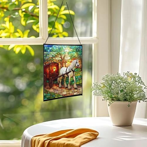 White Shire Horse Pulling Wagon at Twilight Square Suncatcher – Stained Glass Style Window Panel with Pastoral Scene, Custom Decorative Hanging Art for Equestrian Home, Christmas meyEOR - Image 3