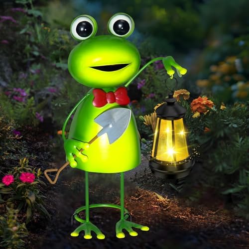 Solar Garden Lights 13.78in Tall Metal Frog Statue with Solar Lantern Decor - Image 3