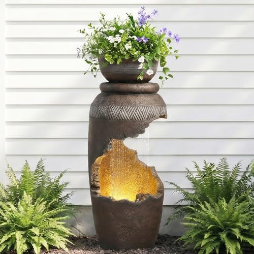 Grepatio Outdoor Urn Water Fountain, 30" H Water Feature Fountain with LED Lights, Large Indoor Waterfall Cascading Fountain with Cracked Urn Look for Garden Patio Backyard Home Decor by Takesyoutohaveawonderfullife