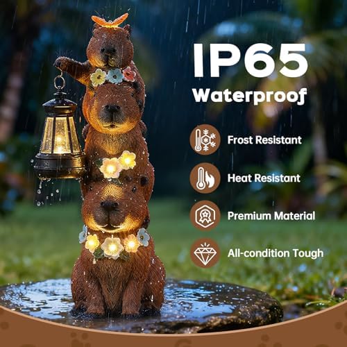 Capybara Solar Garden Statue, Outdoor Capybara Statue with Flower Decoration & Lantern Light, Funny Triple Capybara Decor for Women, Capybara Figurine for Yard Garden Patio Lawn Ornaments - Image 2