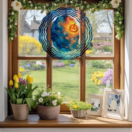 12 Inch Halloween Wind Spinner for Yard and Garden, Blue Night Sky Mystical Glowing Pumpkin Hanging Ornaments Outdoor 3D Kinetic Wind Sculpture Spinners Indoor Outdoor Patio Décor Ornaments Gift - Image 5