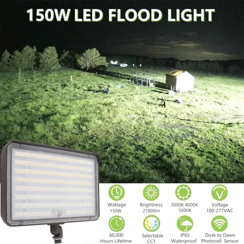 2PACK Outdoor 150W LED Flood Light with Knuckle & Plate, Dusk to Dawn 3000K/4000K/5000K 21000LM Commercial Floodlight Fixture, ETL LED Security Lighting for Landscape, Parking lot, Yard - Image 2