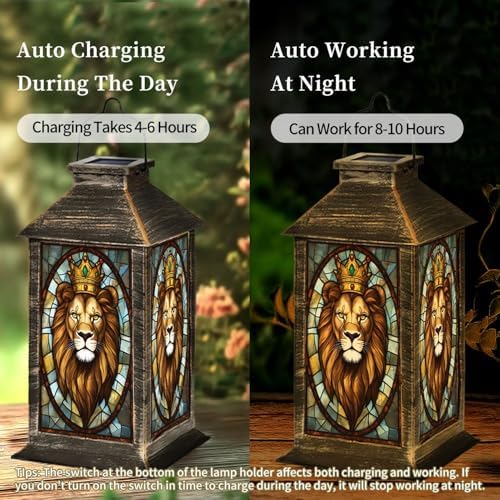 Solar Lantern Majestic Lion Golden Crown Stained Glass Style Wildlife Art Outdoor Waterproof Hanging Solar Light Outside Lights for Patio Yard House Lawn Decor Birthday Gifts for Women Mom - Image 4