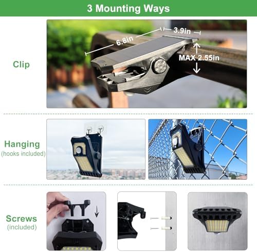 Tryme 118Leds Solar Lights Outdoor Clip Motion Sensor Lights Security Light 3 Modes, 3 Color Temperature, Solar Powered, USB Charging (2 Pack) - Image 2
