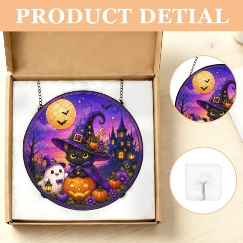 Halloween Window Hanging Suncatcher, Black Witch Cat Pumpkin Stained Glass Art Jack‑O‑Lantern, Spooky Cute Gothic Witchy Home Wall Ornament Fall Sun Catcher for Cat 11.81" - Image 4