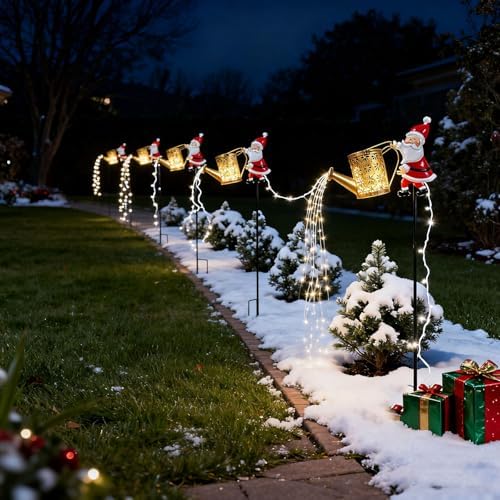 2 Pcs Solar Santa Claus Kettle Lights Santa Claus Watering Can Light Vintage Metal Garden Lawn Decorative Lights Solar Kettle Night Light with LED String Outdoor Garden Decor for Pathway Yard Patio - Image 5