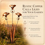 2026 Flamed Copper Three Calla Lilies Garden Stake with Bells, Handmade Metal Flower Rain Catcher Yard Art Decor, Weatherproof Rustic Wind Chime Outdoor Sculpture for Patio Lawn and Pathway Gift - Image 2