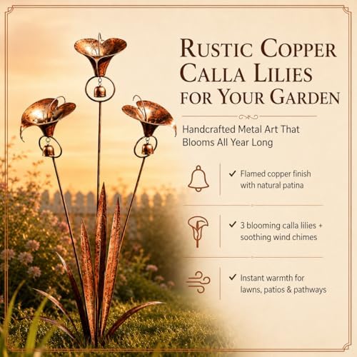 2026 Flamed Copper Three Calla Lilies Garden Stake with Bells, Handmade Metal Flower Rain Catcher Yard Art Decor, Weatherproof Rustic Wind Chime Outdoor Sculpture for Patio Lawn and Pathway Gift - Image 2