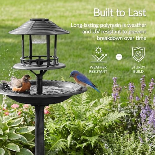 Best Choice Products Solar Outdoor Bird Bath Vintage Resin Pedestal Fountain Decoration for Yard, Garden w/Planter Base, Feeder, Decorative Bird Cage, Fillable Stand - Black - Image 4
