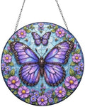 Purple Butterflies & Purple Flowers Circular Stained Suncatcher 9.8 Inch by Unknown