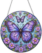 Purple Butterflies & Purple Flowers Circular Stained Suncatcher 9.8 Inch by Unknown