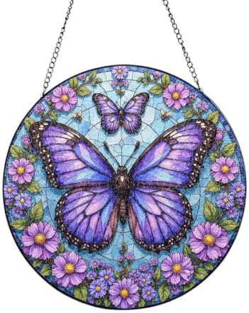 Purple Butterflies & Purple Flowers Circular Stained Suncatcher 9.8 Inch by Unknown