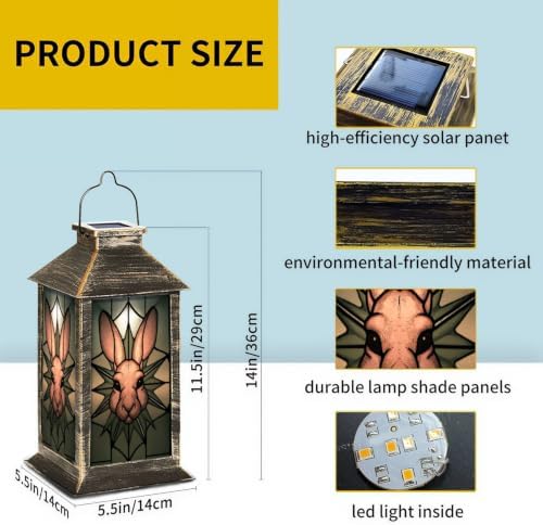 Solar Lantern Stained Glass Rabbit Wall Art Outdoor Waterproof Garden Hanging Lantern Solar Powered Lighting Outside Solar Light for Patio Yard Camping, Gifts for Women Mom - Image 2