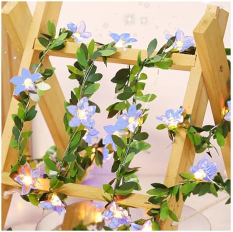 CAKERS Flower Decor String Lights|Creative Christmas Petal-Shaped Copper Wire Fairy Lights|LED Floral Plant Design Ambient Light for Party Bedroom Patio,Blue Flowers with Leaves,2m(6.5ft)-20LED-Solar by CAKERS