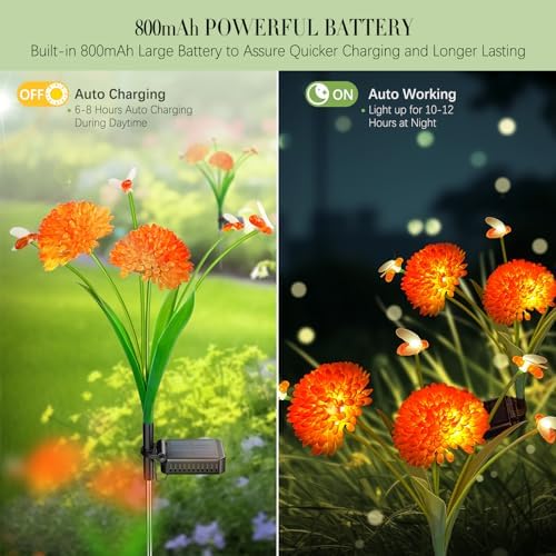 Solar Garden Lights, 2 Pack Solar Swaying Bee Lights with Flowers, Waterproof Firefly Light Outdoor for Garden Patio Yard Pathway Fall Decoration, Gifts for Women Mother's Day - Image 3
