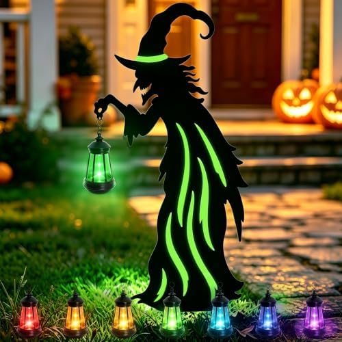 Halloween Decorations Outdoor,Metal Yard Witch Stake with Solar Lantern by YJFWAL