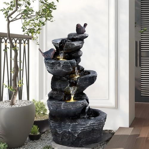 5-Tier Cascading Rock Outdoor Waterfall Fountain, Garden Fountains with LED Lights, Weather-Resistant Resin, Soothing Water Flow, Waterfall Fountain for Patio, Backyard, Indoor/Outdoor Decor Black1 - Image 2