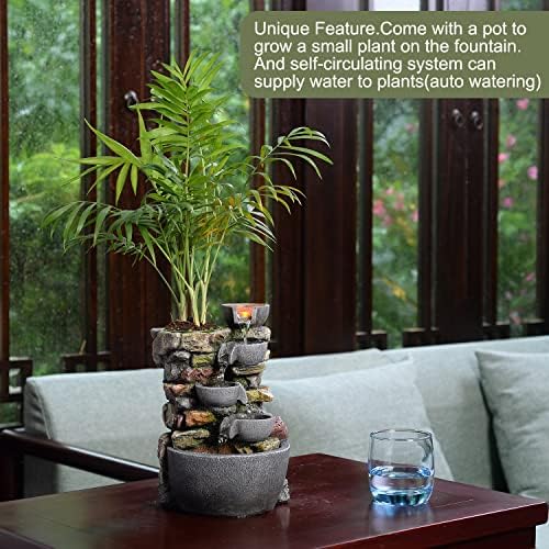 Haobos Indoor Fountain 4-Bowl Rockery Soothing Sound Tabletop Fountains Home/Office Decor Gift for Mom,Mother Day Present with A Small Plastic Pot to Grow Plant/Hebs By Yourself (Automatic Watering) - Image 2