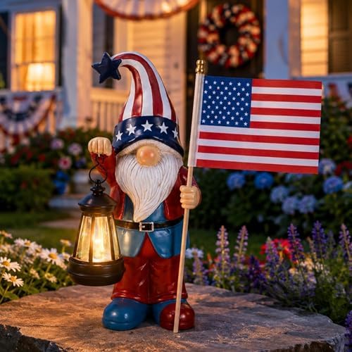 Nacome Solar Patriotic Gnomes Statues with Flag for Garden Decor by Nacome