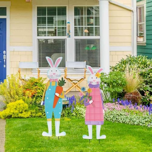 YEAHOME Easter Decorations Outdoor, Set of 2 Metal Bunny Decorative Garden Stakes for Easter Decor, Spring Rabbits Yard Stakes for Home Outside Front Door Porch Lawn Garden Backyard Decorations - Image 3